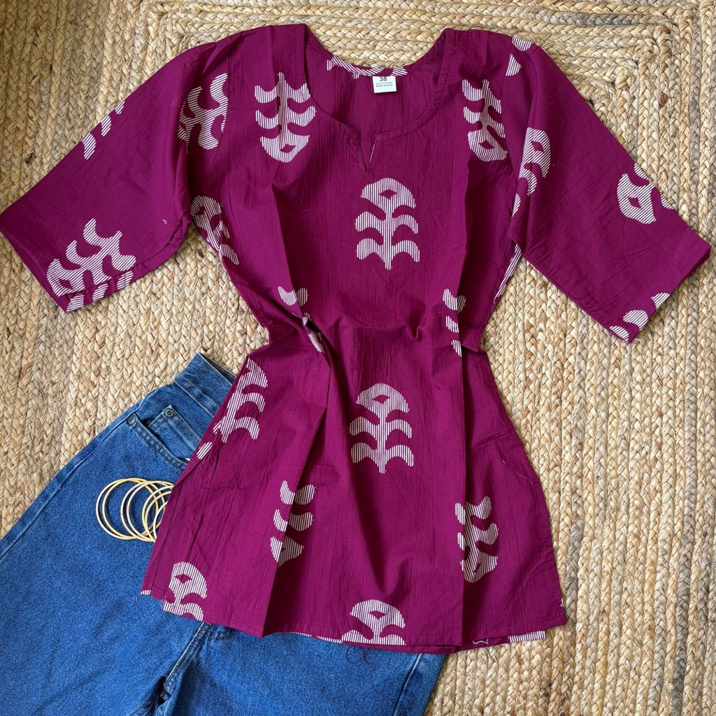 Dark Pink Color Pure Cotton 3/4th Sleeves Short Kurti For Women