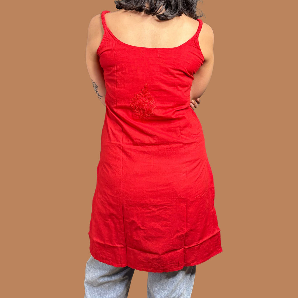 Red Lucknowi Chikankari Pure Cotton Step Kurta For Women