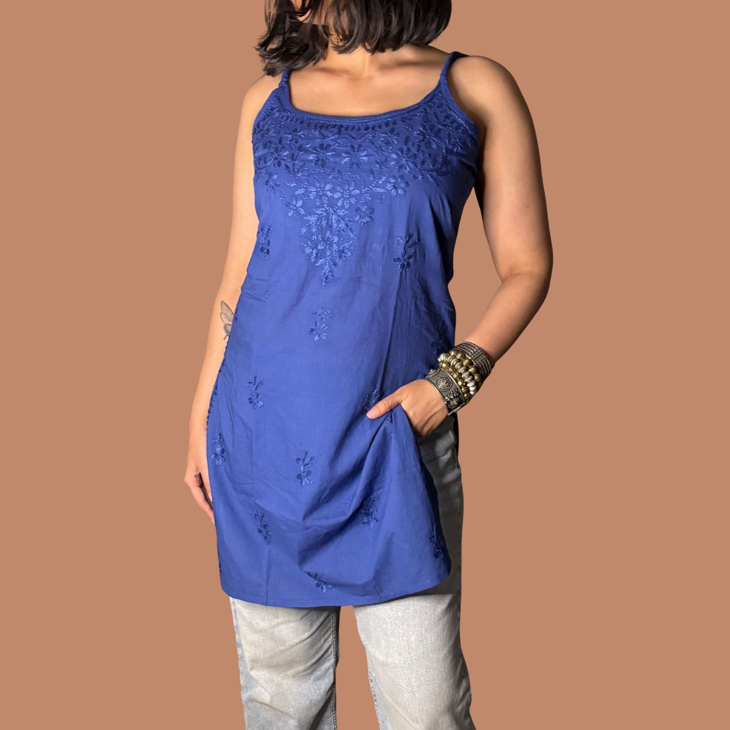 Blue Lucknowi Chikankari Cotton Step Kurta For Women
