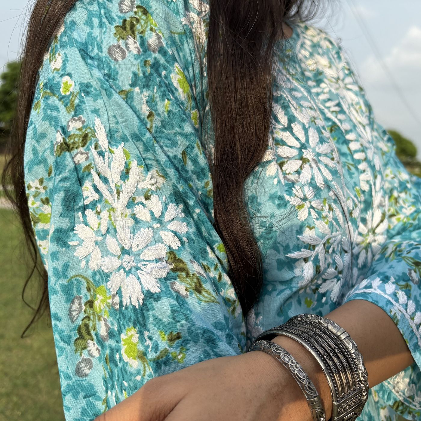 Turquoise Lucknowi Chikankari Printed Cotton Short Kurti For Women