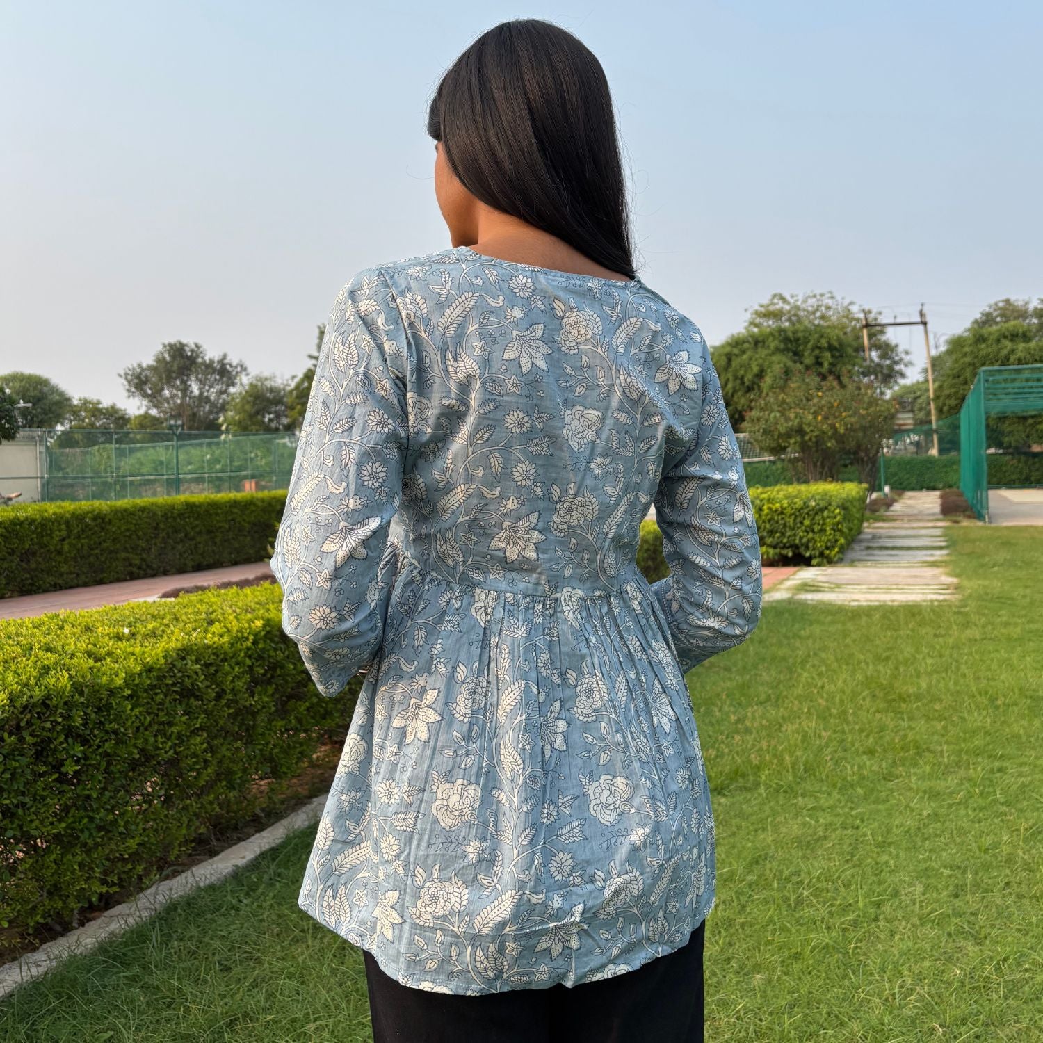 Light Blue Jaipuri Print Cotton Peplum Top For Women