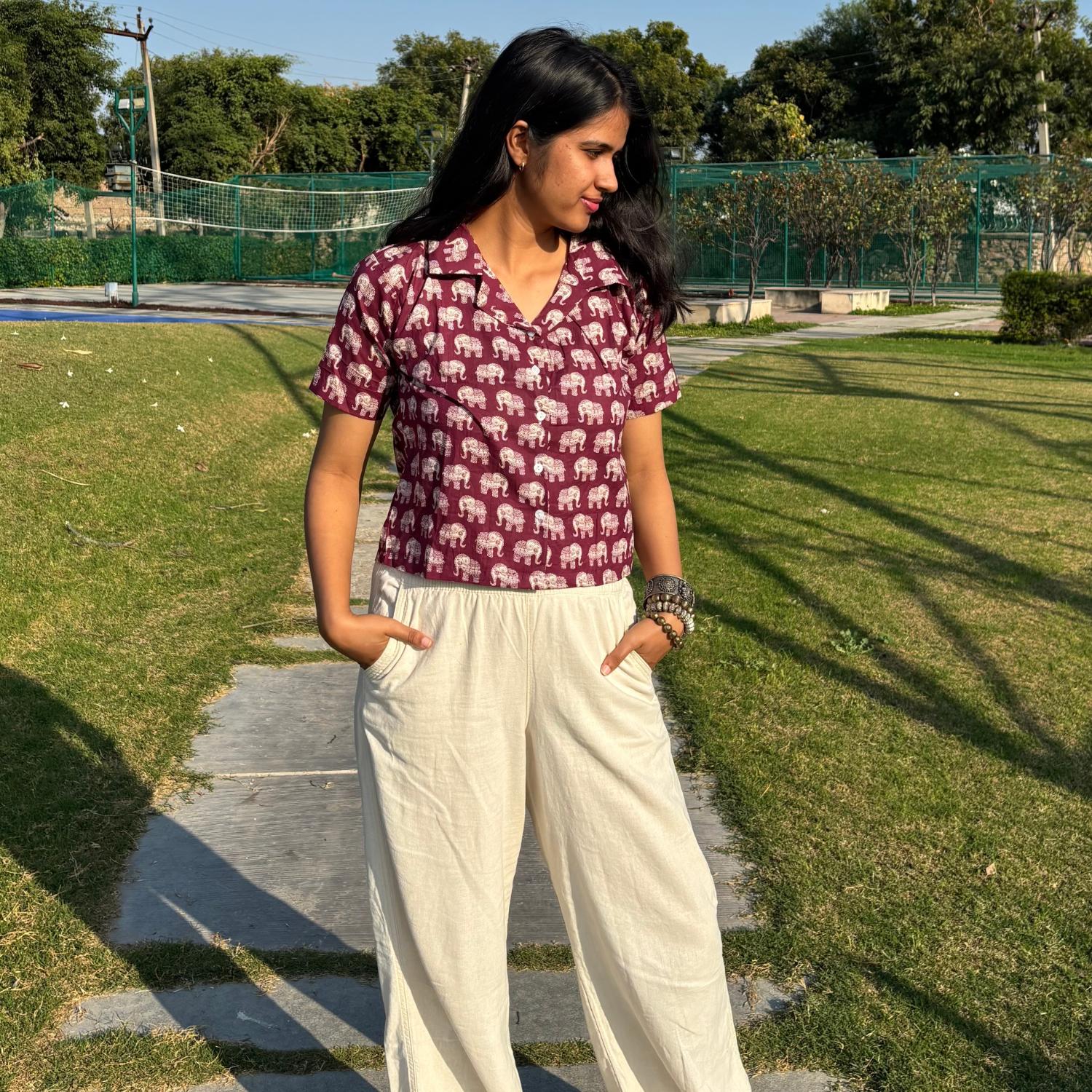 Crop Shirt Pure Cotton Elephant Print Mahroon Color For Women
