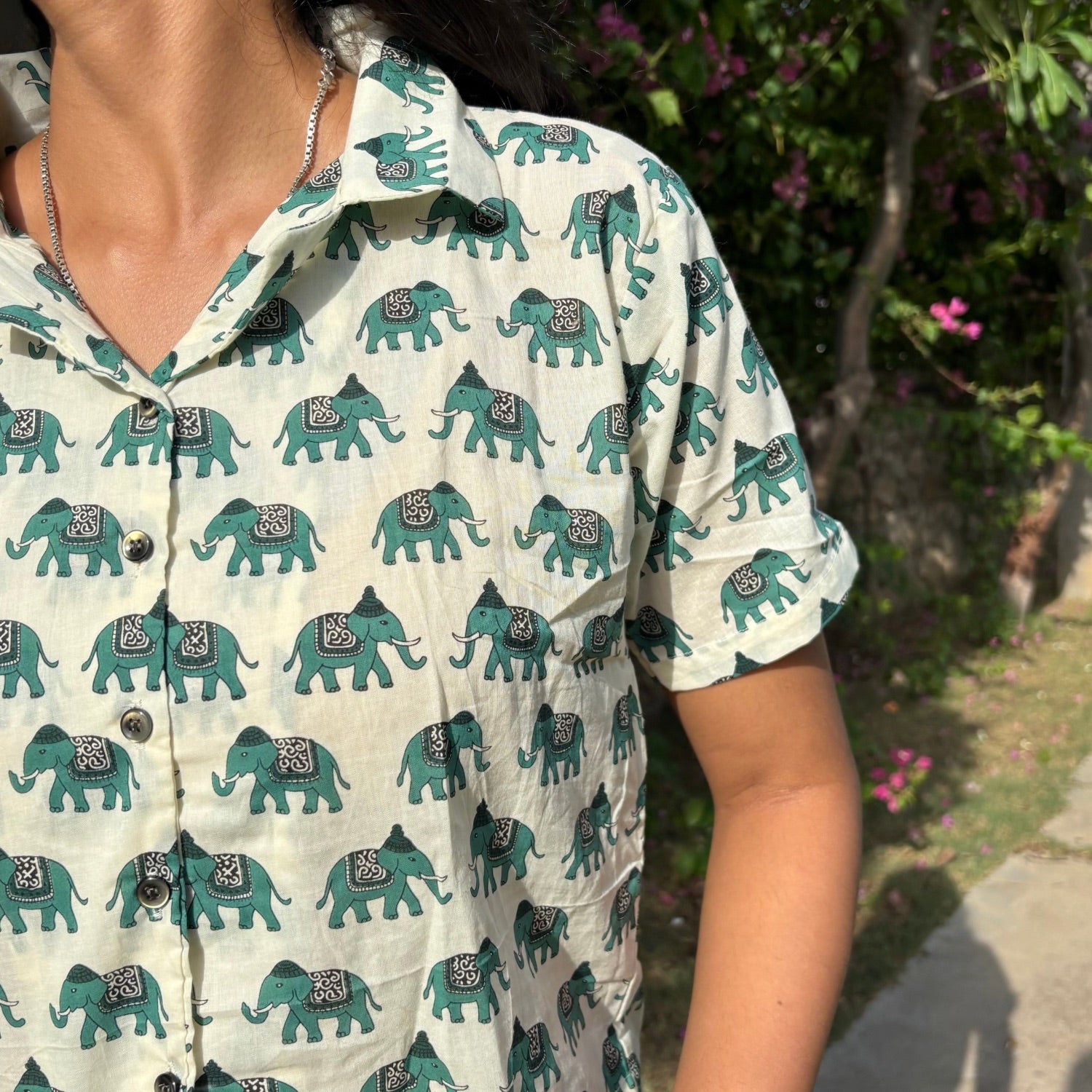 Crop Shirt Pure Cotton Elephant Print Green Color For Women