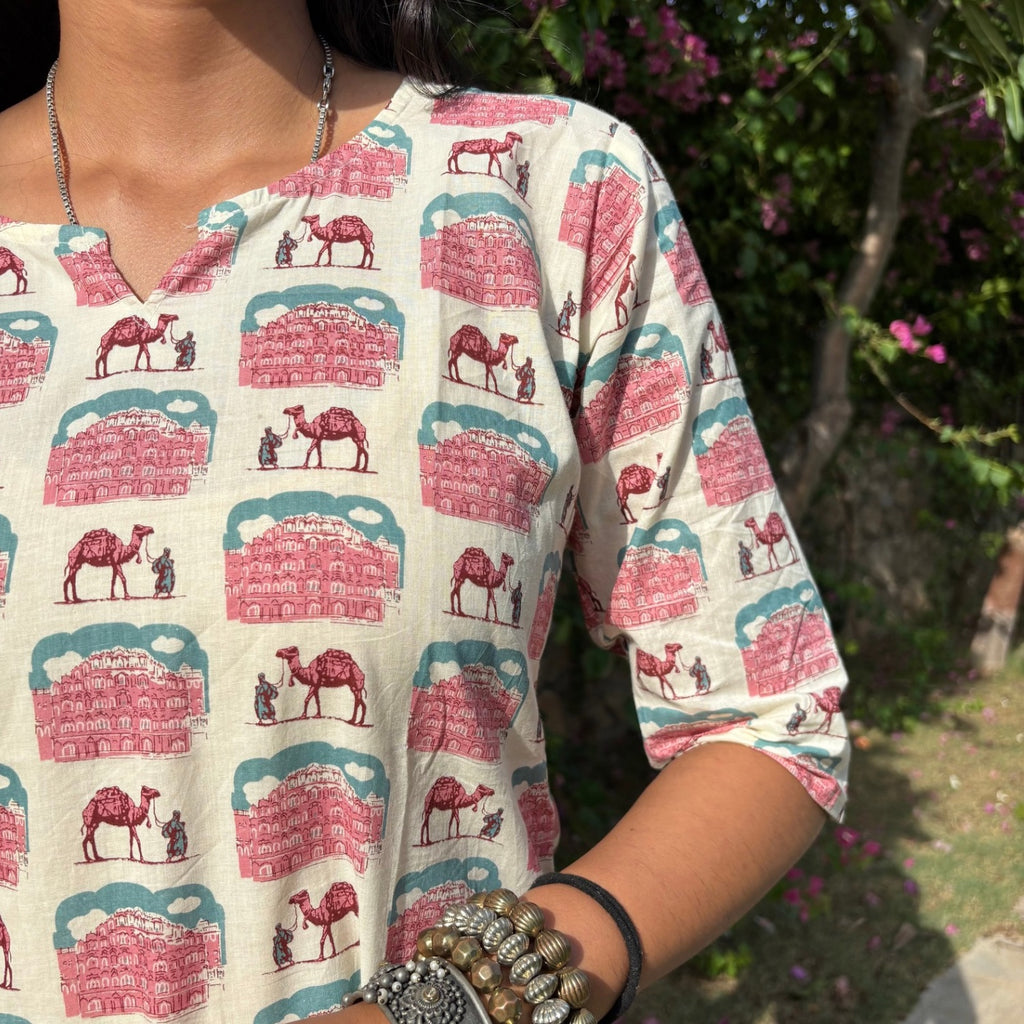 Jaipur Print White Pure Cotton 3/4th Sleeves Short Kurti For Women