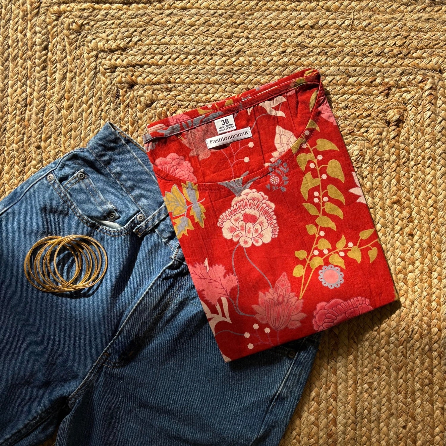 Red Color Sleeveless Floral Print Pure Cotton knot Kurta For Women