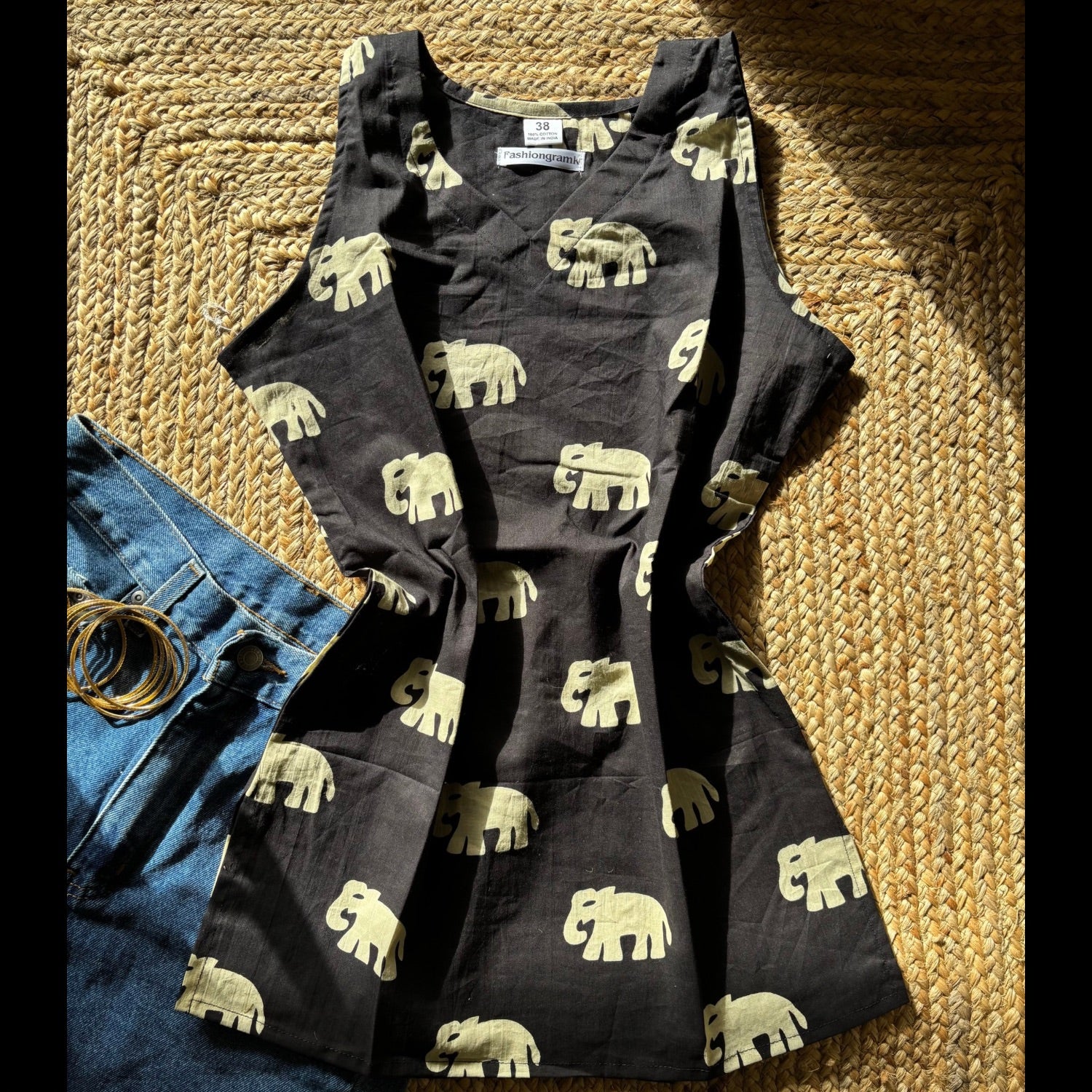 Cut Sleeves Pure Cotton Black Elephant Print Short Kurti For Women