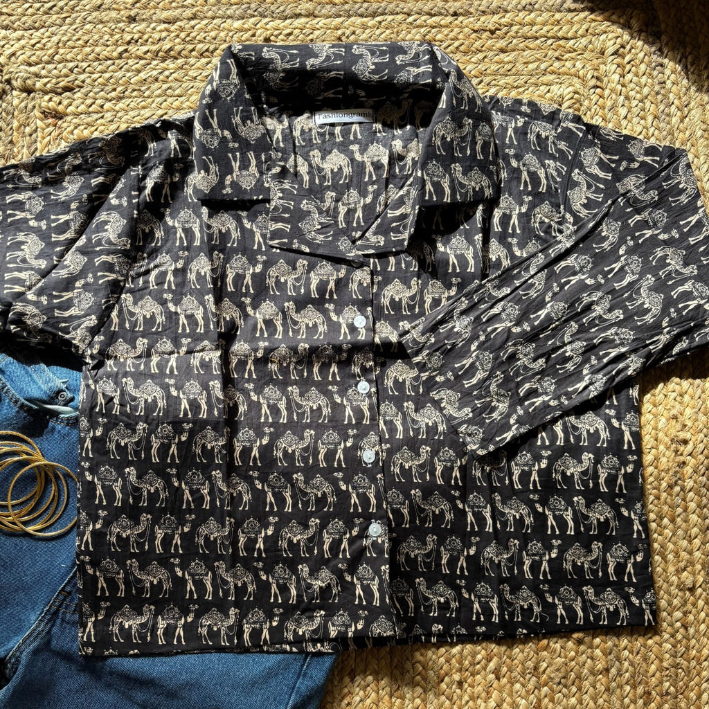 Black Camel Print Crop Shirt Pure Cotton For Women
