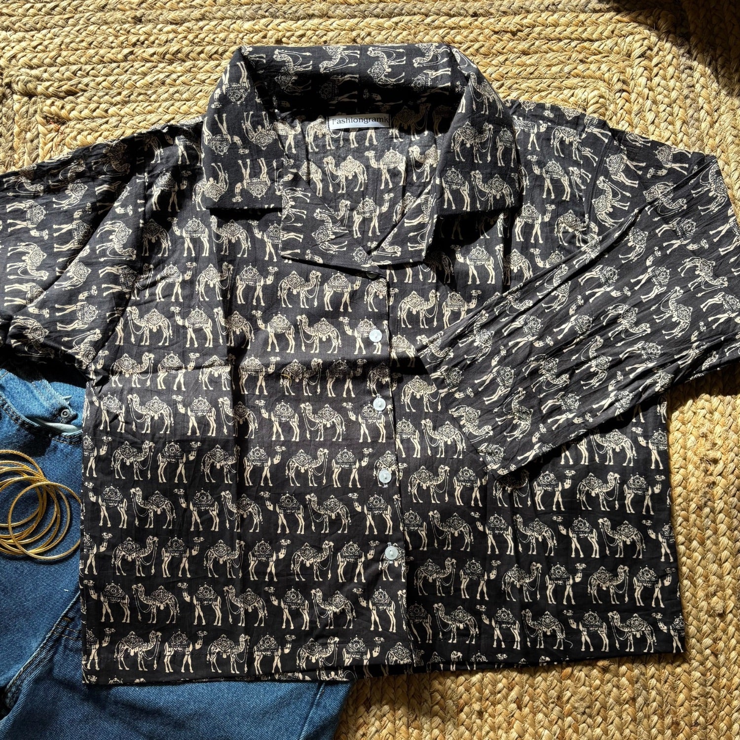 Black Camel Print Crop Shirt Pure Cotton For Women