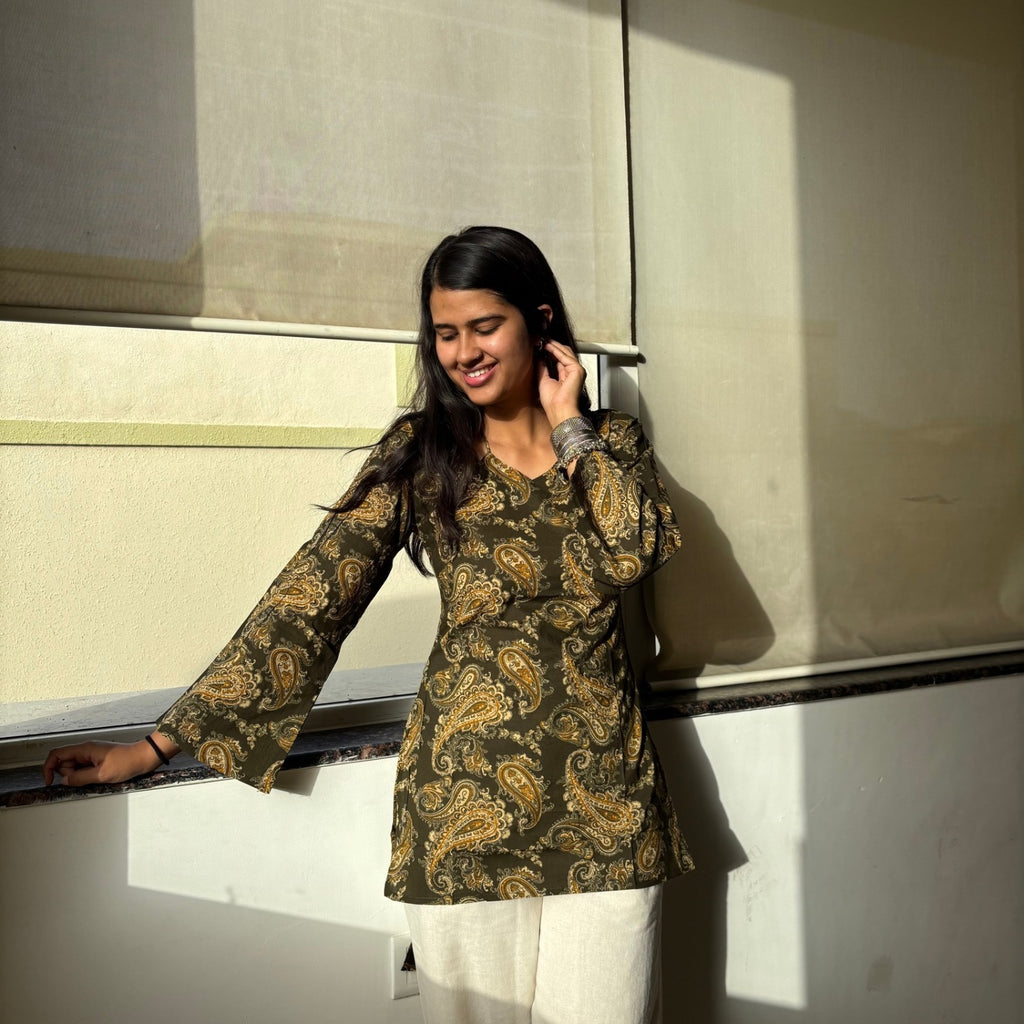 Green Printed Corset Back Kurti Pure Cotton For Women