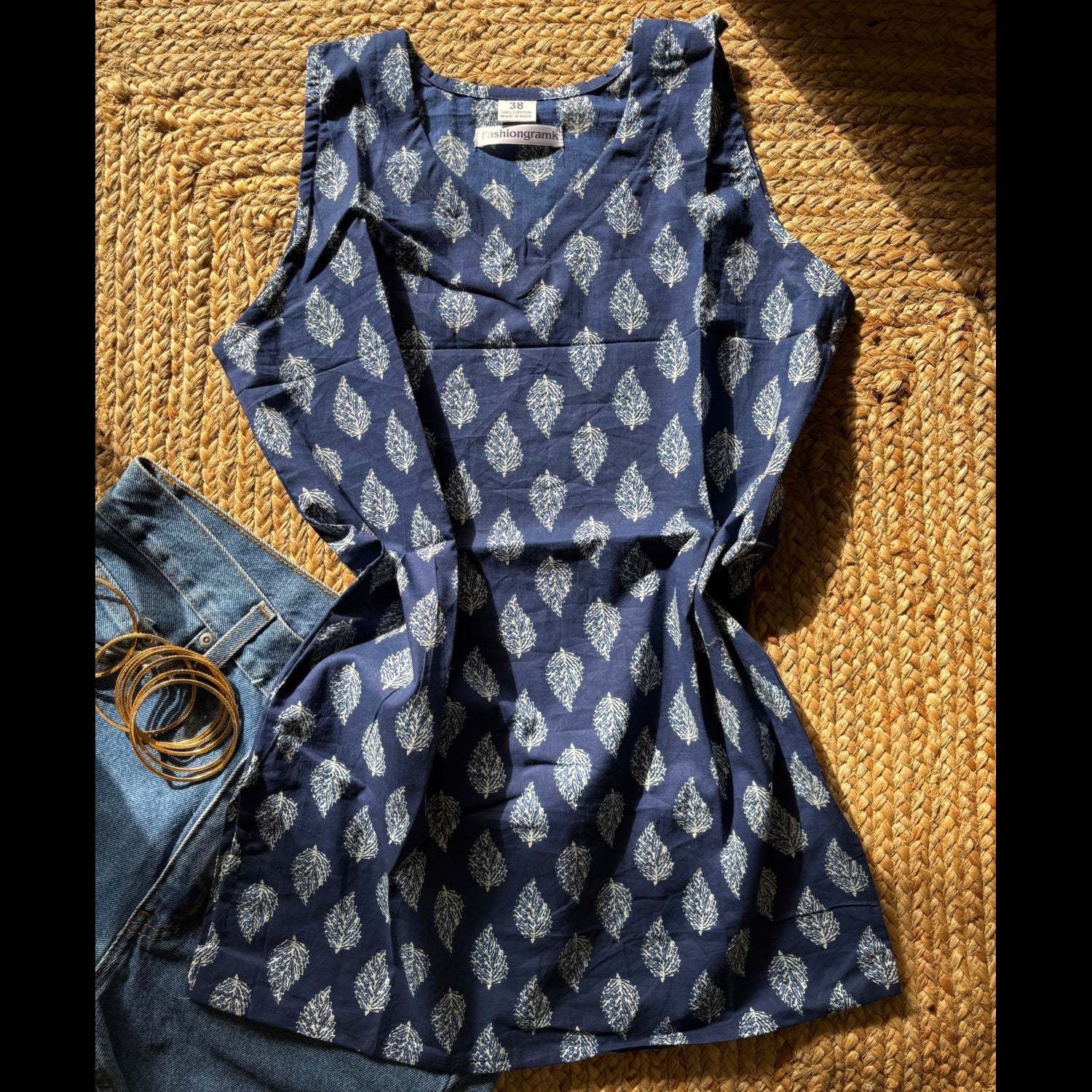 Cut Sleeves Pure Cotton Blue Color Jaipuri Print Short Kurti For Women