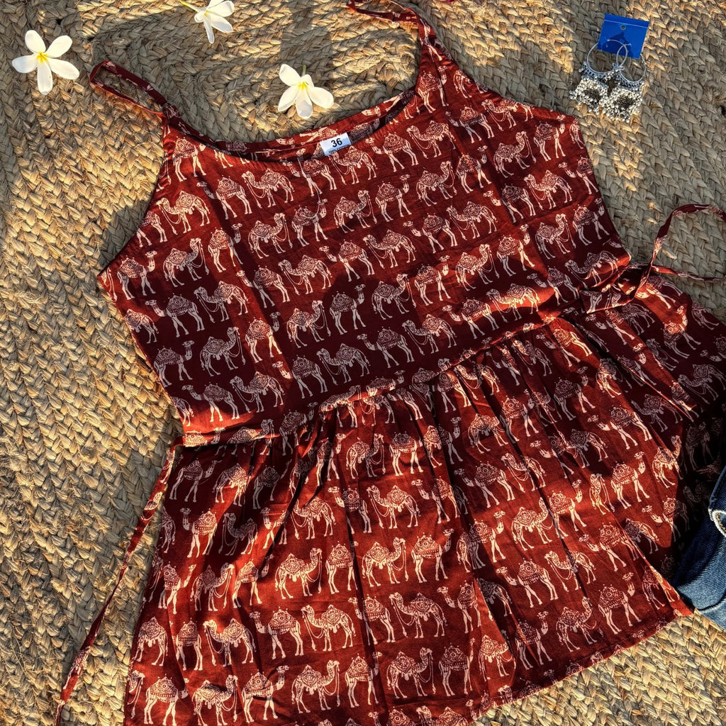 Camel Print Sleeveless Pure Cotton Rust Color Peplum Step Top For Women