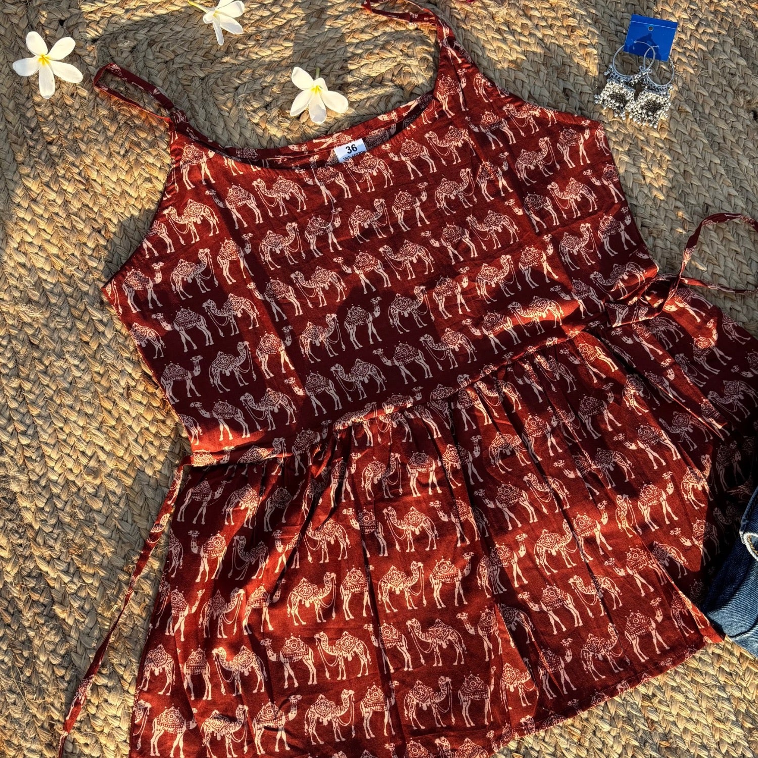 Camel Print Sleeveless Pure Cotton Rust Color Peplum Step Top For Women