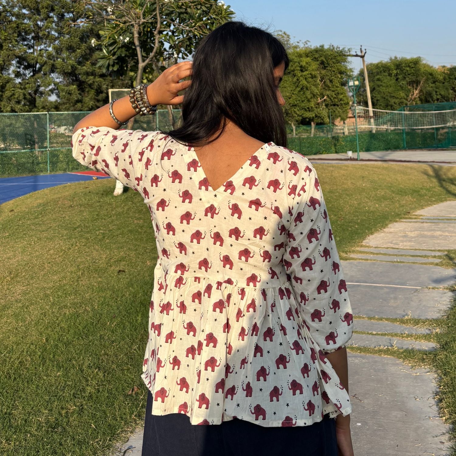 Pure Cotton Alia Cut Red Elephant Print Short Kurti For Women