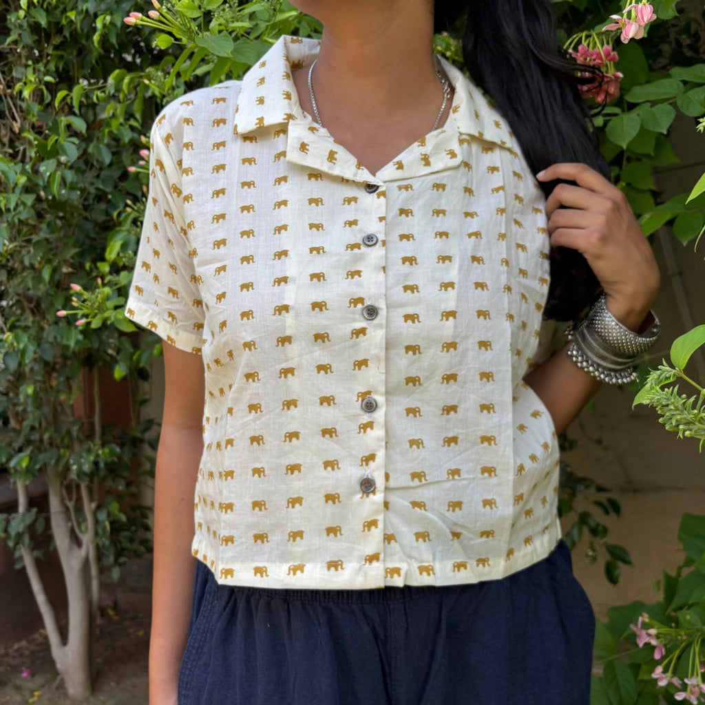 Yellow Cute Elephant Print Crop Shirt Pure Cotton For Women