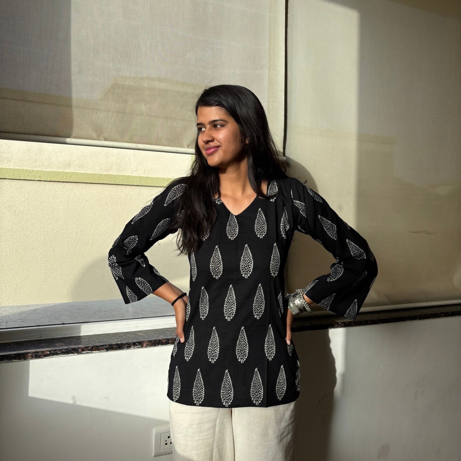 Black Jaipuri Print Corset Back Kurti Pure Cotton For Women