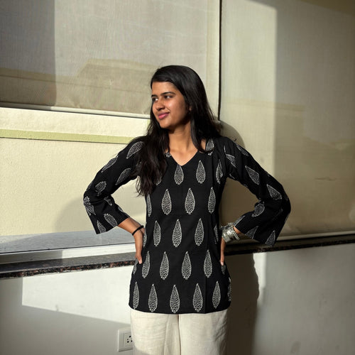 Black Jaipuri Print Corset Back Kurti Pure Cotton For Women