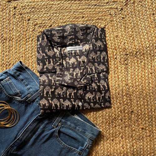 Black Camel Print Crop Shirt Pure Cotton For Women