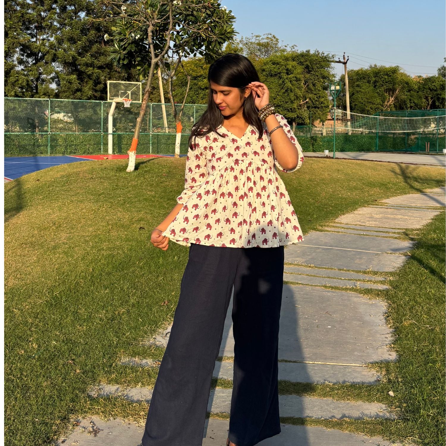 Pure Cotton Alia Cut Red Elephant Print Short Kurti For Women