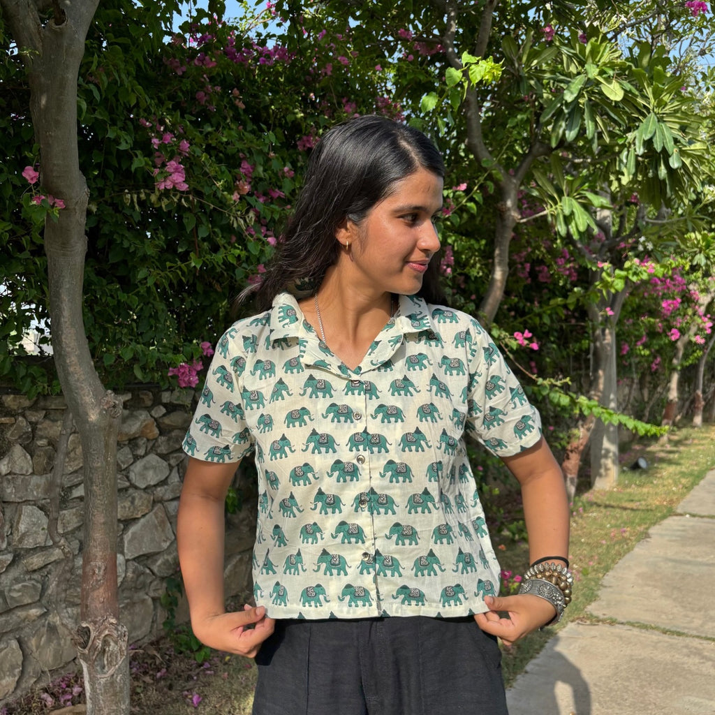 Crop Shirt Pure Cotton Elephant Print Green Color For Women