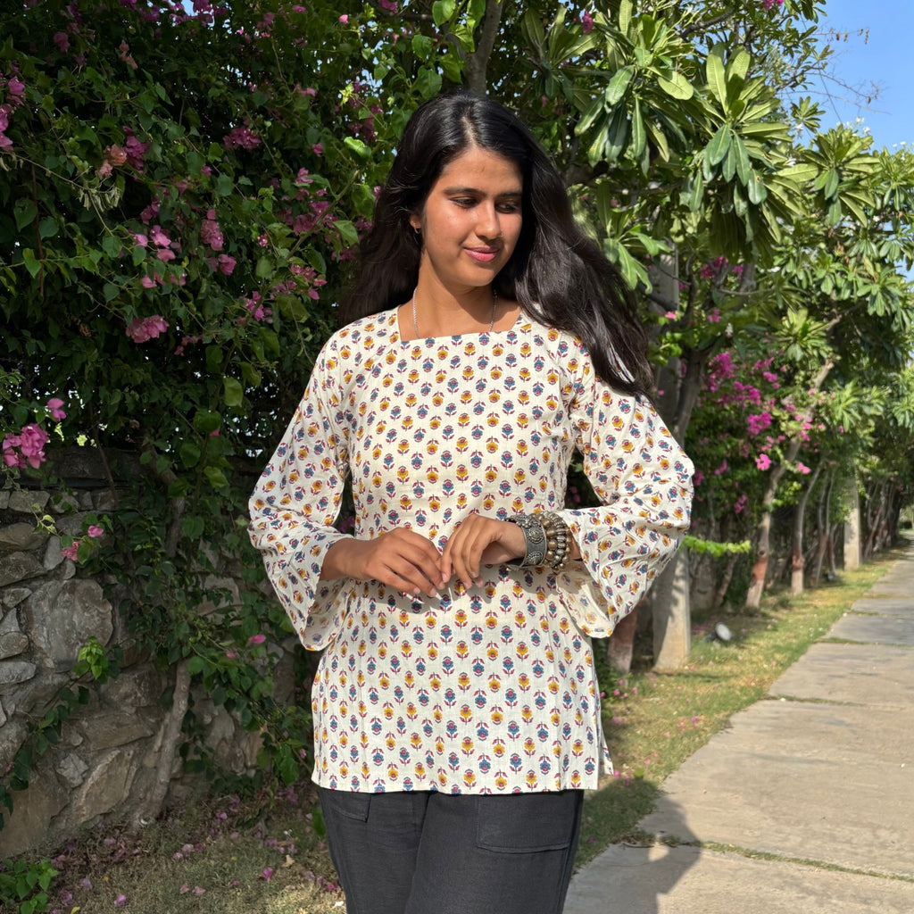 Pure Cotton Full Sleeves White Printed Short Kurti With Back Zig Zag Dori