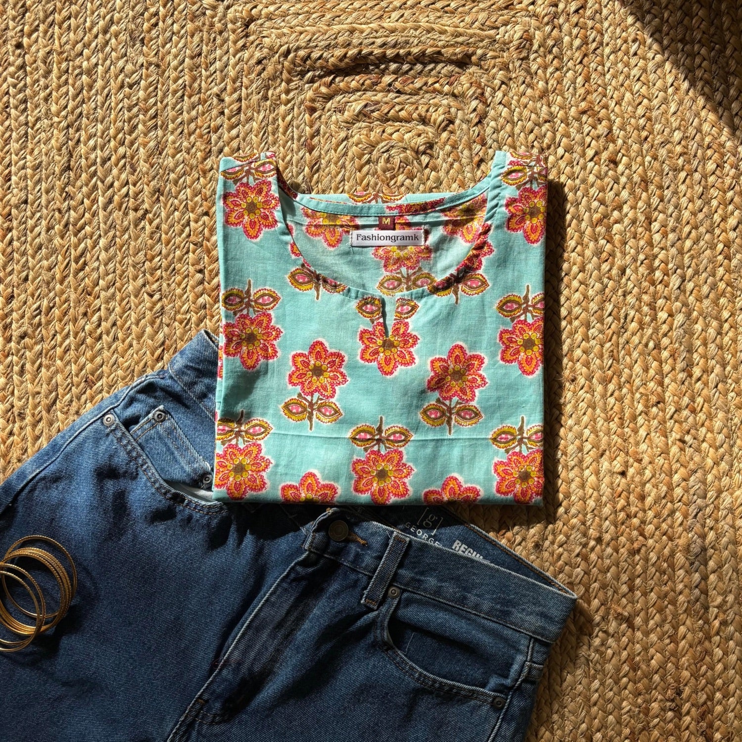 Floral Print Aqua Color Pure Cotton 3/4th Sleeves Short Kurti For Women