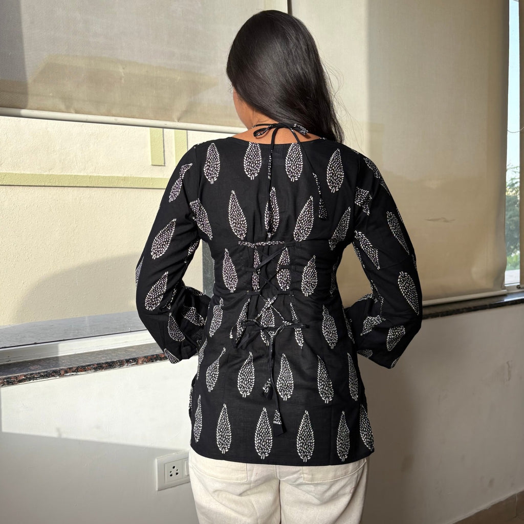 Black Jaipuri Print Corset Back Kurti Pure Cotton For Women