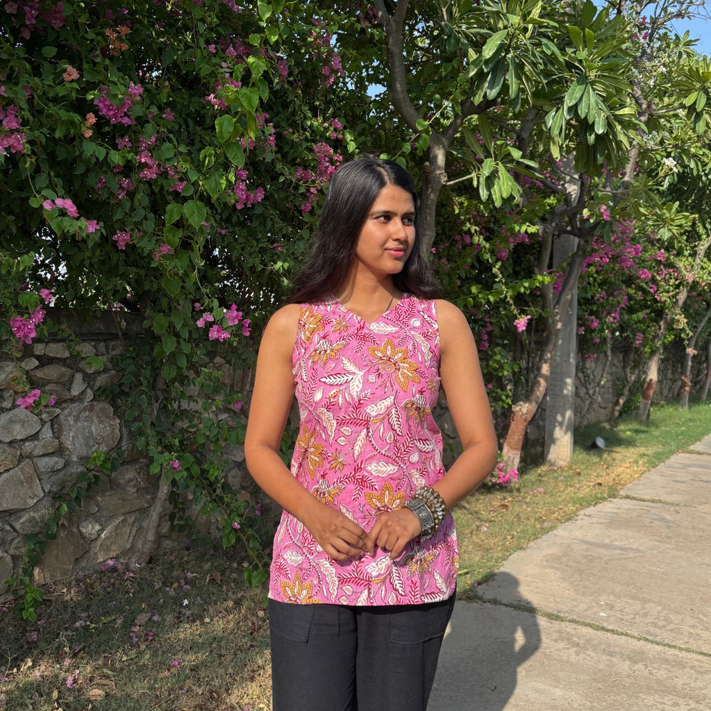 Cut Sleeves Pure Cotton Pink Color Jaipuri Print Short Kurti For Women