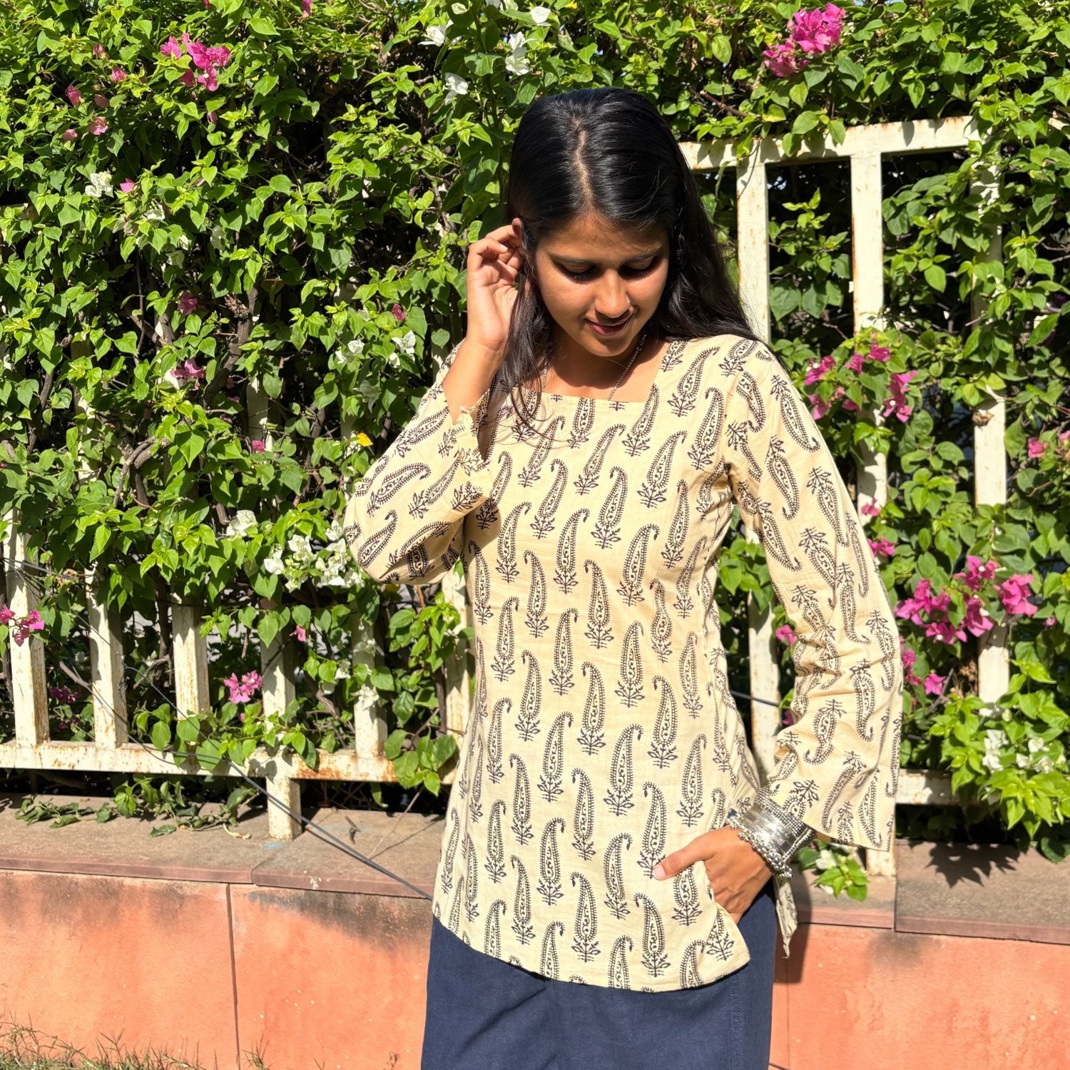 Pure Cotton Full Sleeves Jaipuri Print White Short Kurti With Back Zig Zag Dori For Women