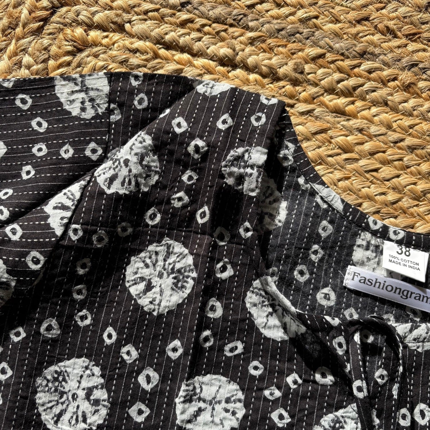 Black Pure Cotton 3/4th Sleeves Kantha Work Short Kurti For Women