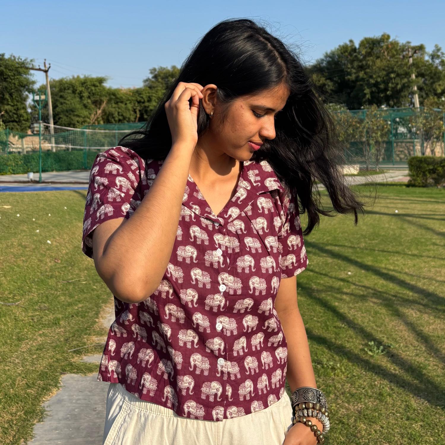 Crop Shirt Pure Cotton Elephant Print Mahroon Color For Women