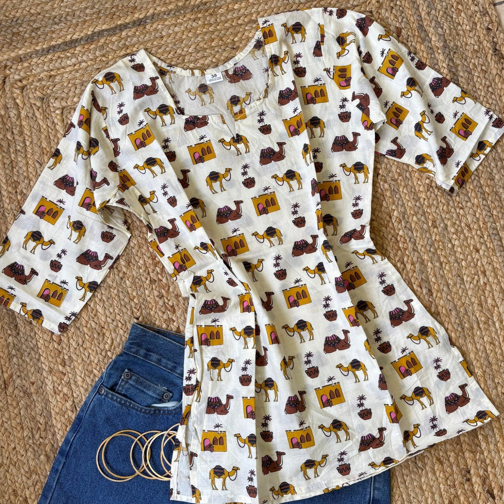 Camel Print White Pure Cotton 3/4th Sleeves Short Kurti For Women