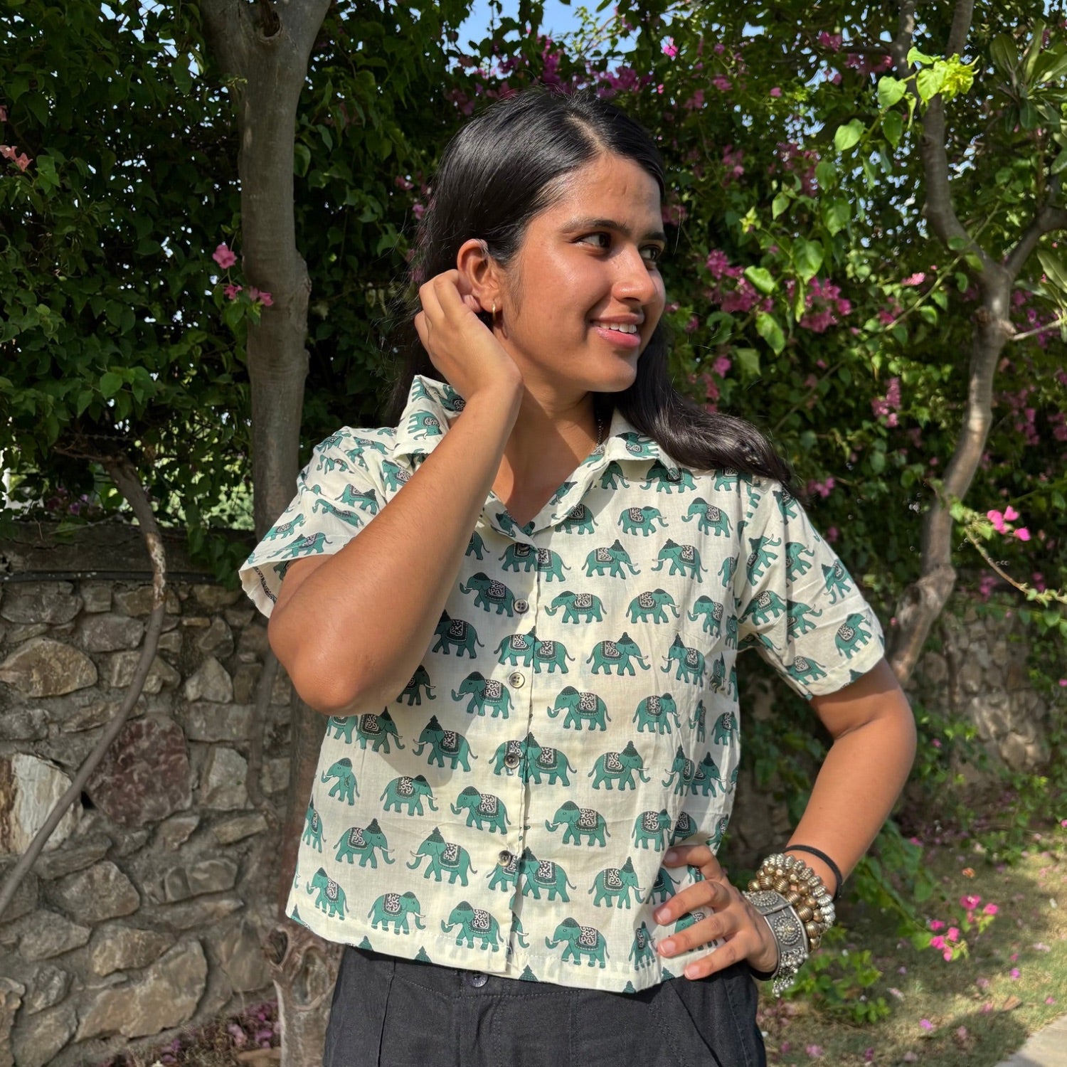 Crop Shirt Pure Cotton Elephant Print Green Color For Women