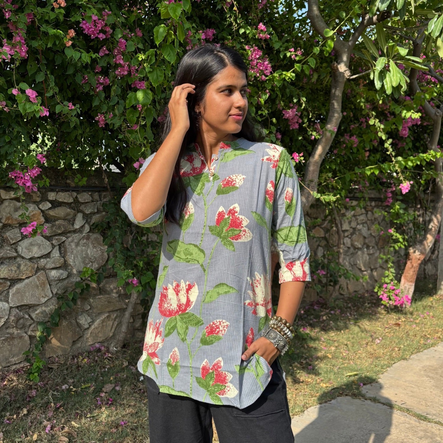Grey Color Pure Cotton 3/4th Sleeves Kantha Work Floral Print Short Kurti For Women