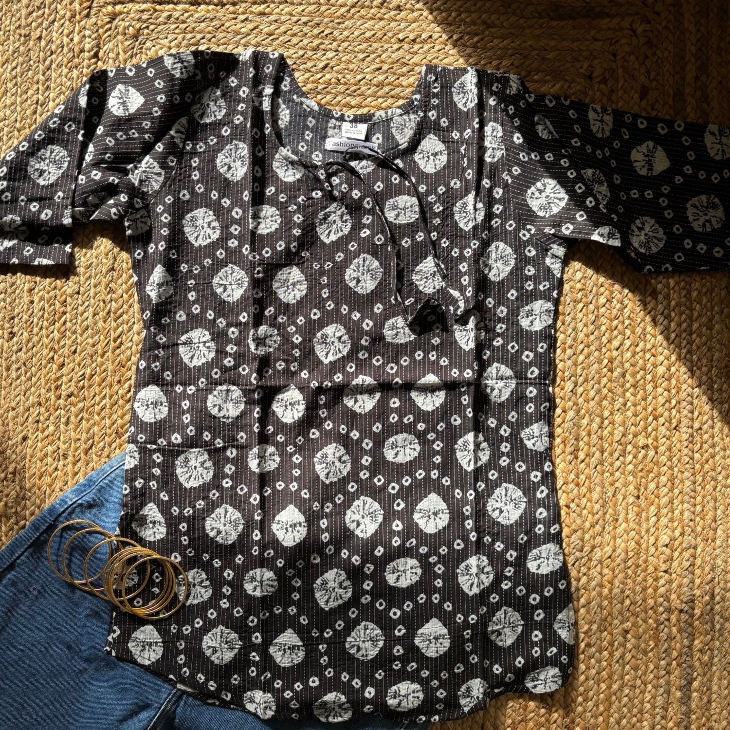 Black Pure Cotton 3/4th Sleeves Kantha Work Short Kurti For Women