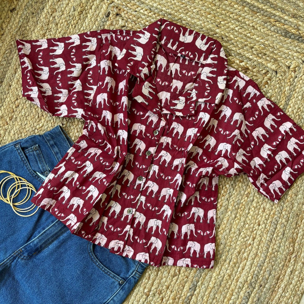Red Cute Elephant Print Crop Shirt Pure Cotton For Women