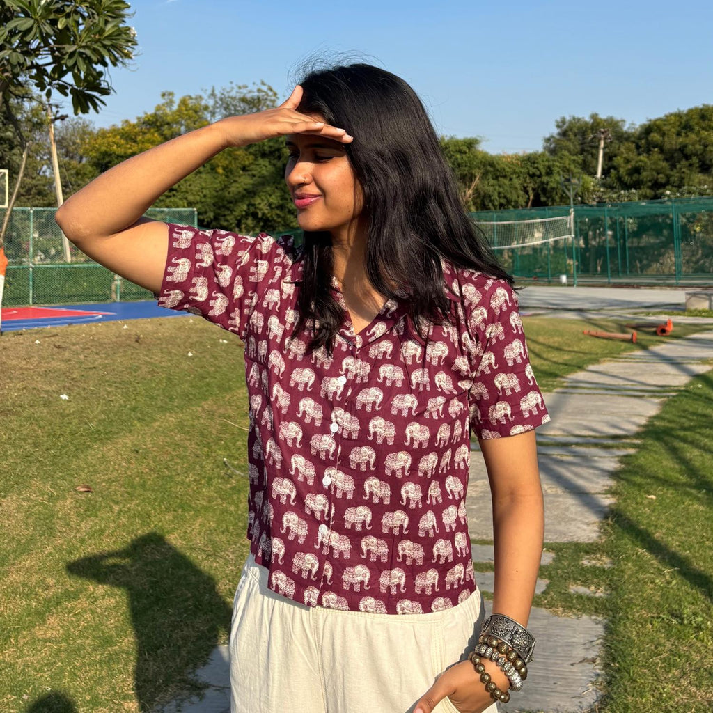 Crop Shirt Pure Cotton Elephant Print Mahroon Color For Women