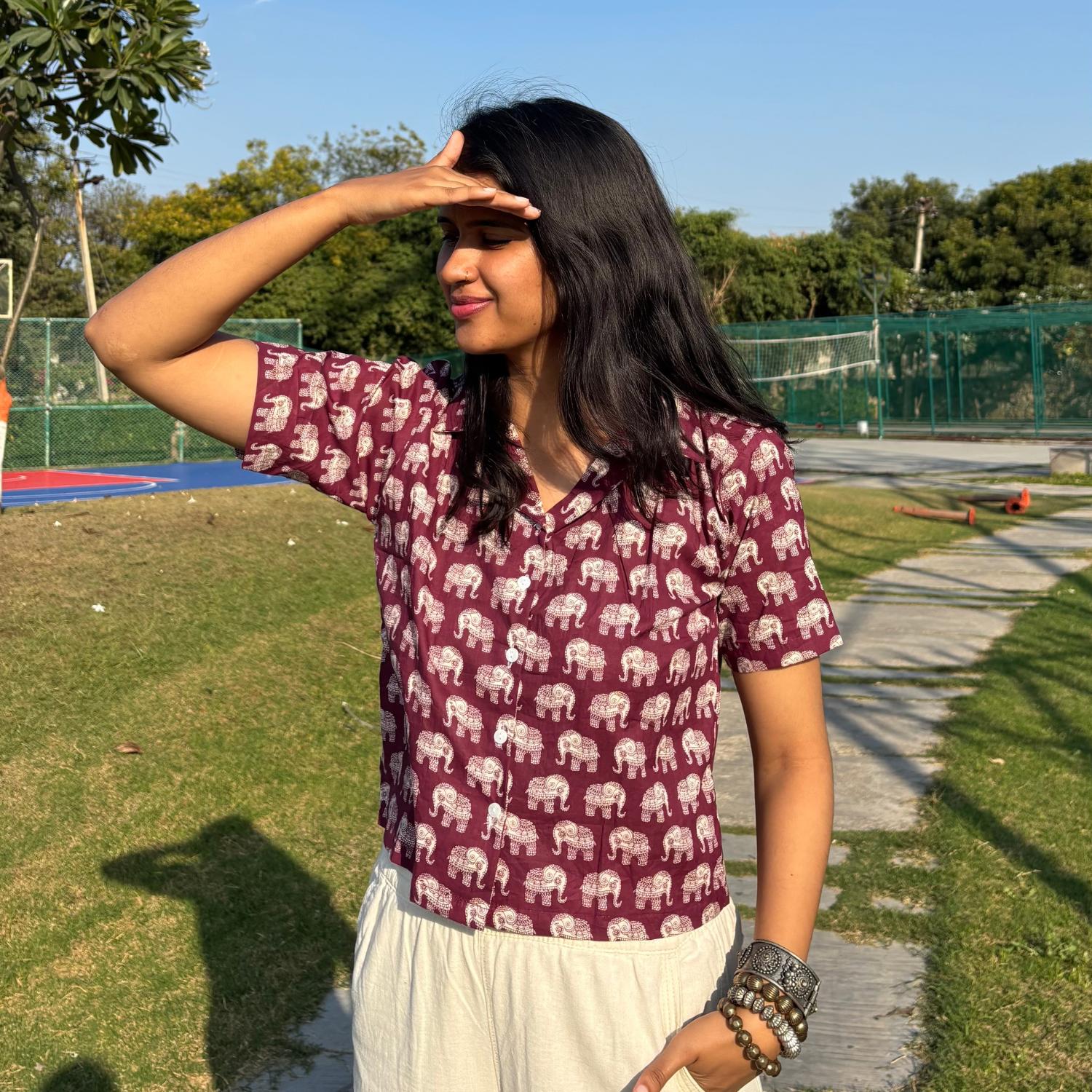 Crop Shirt Pure Cotton Elephant Print Mahroon Color For Women