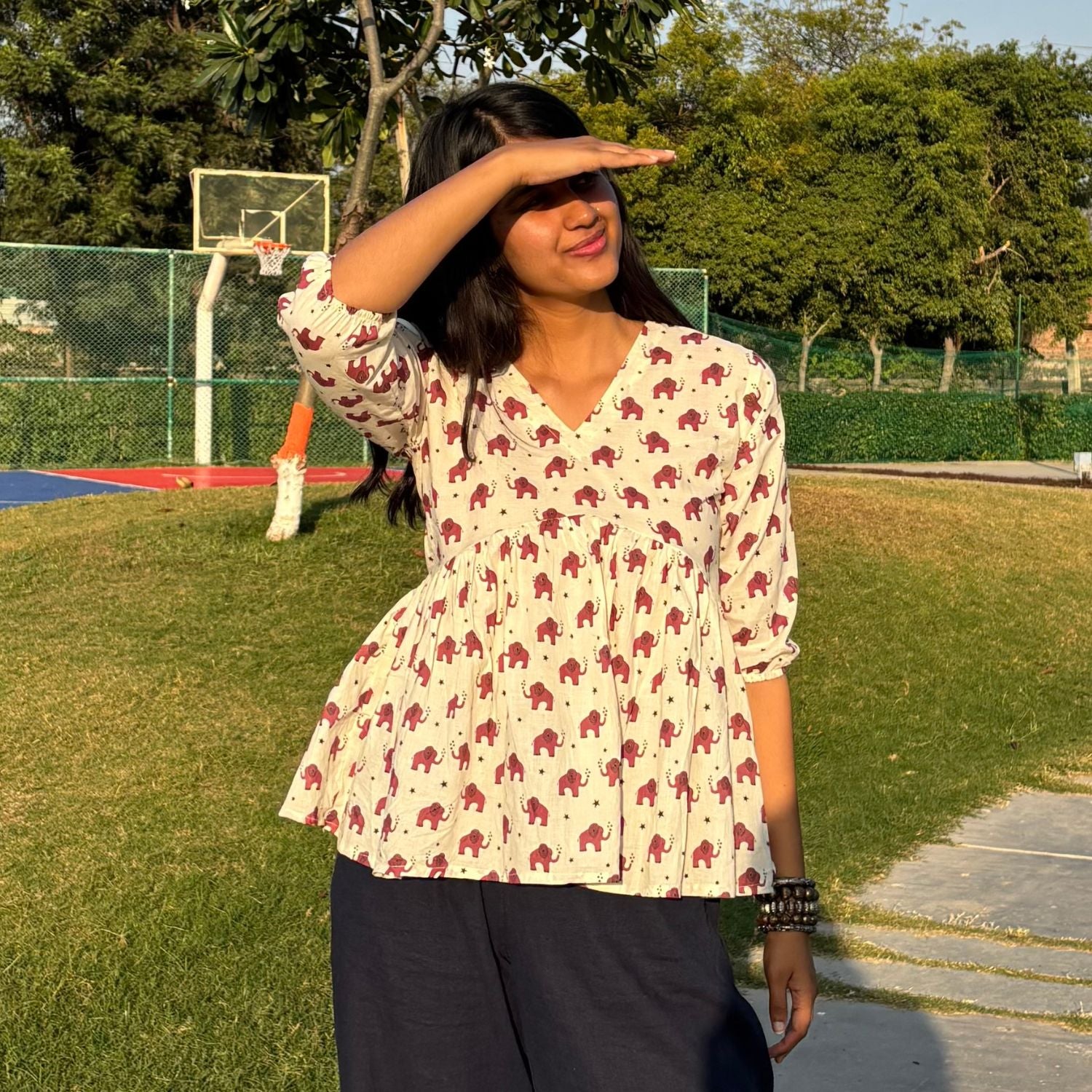 Pure Cotton Alia Cut Red Elephant Print Short Kurti For Women