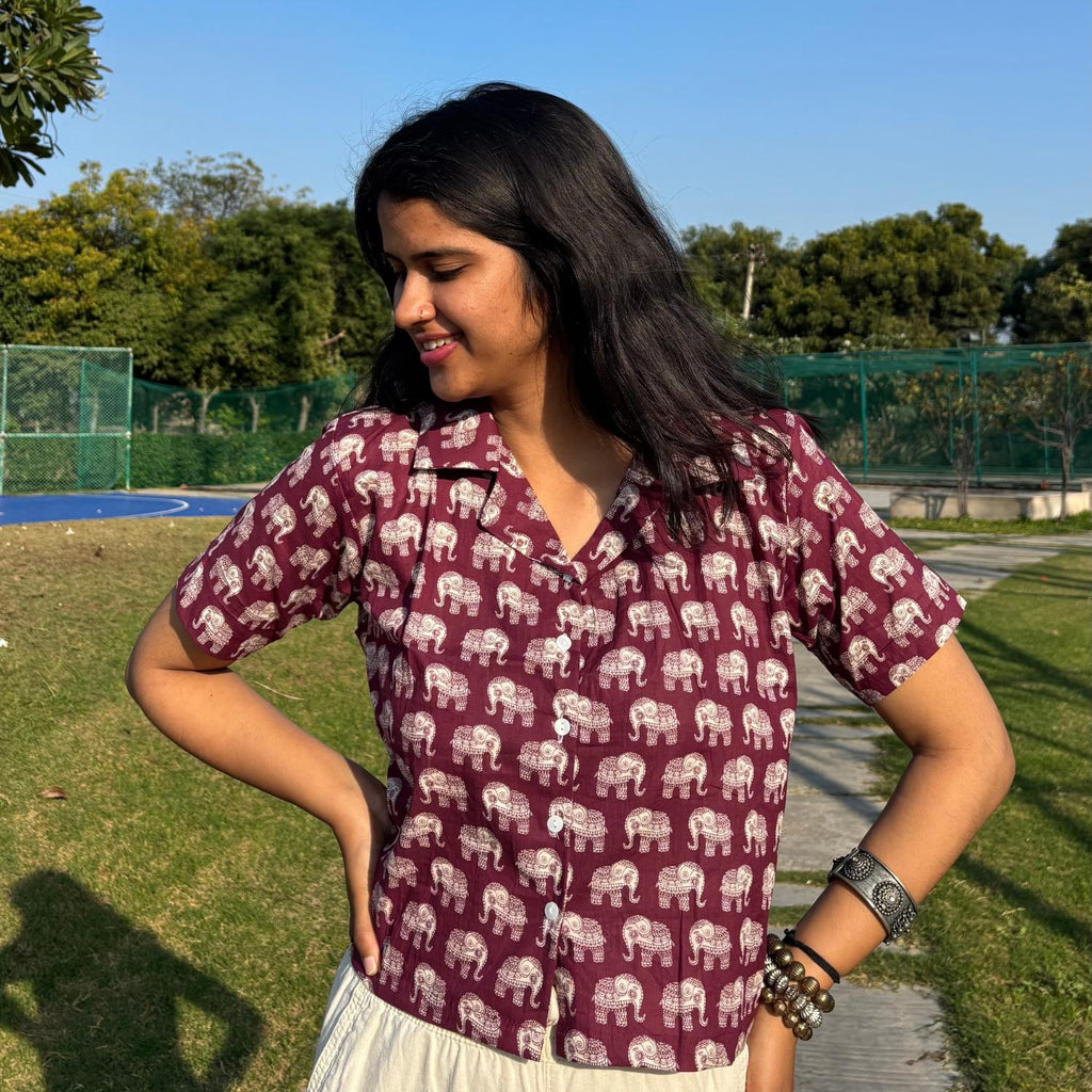 Crop Shirt Pure Cotton Elephant Print Mahroon Color For Women