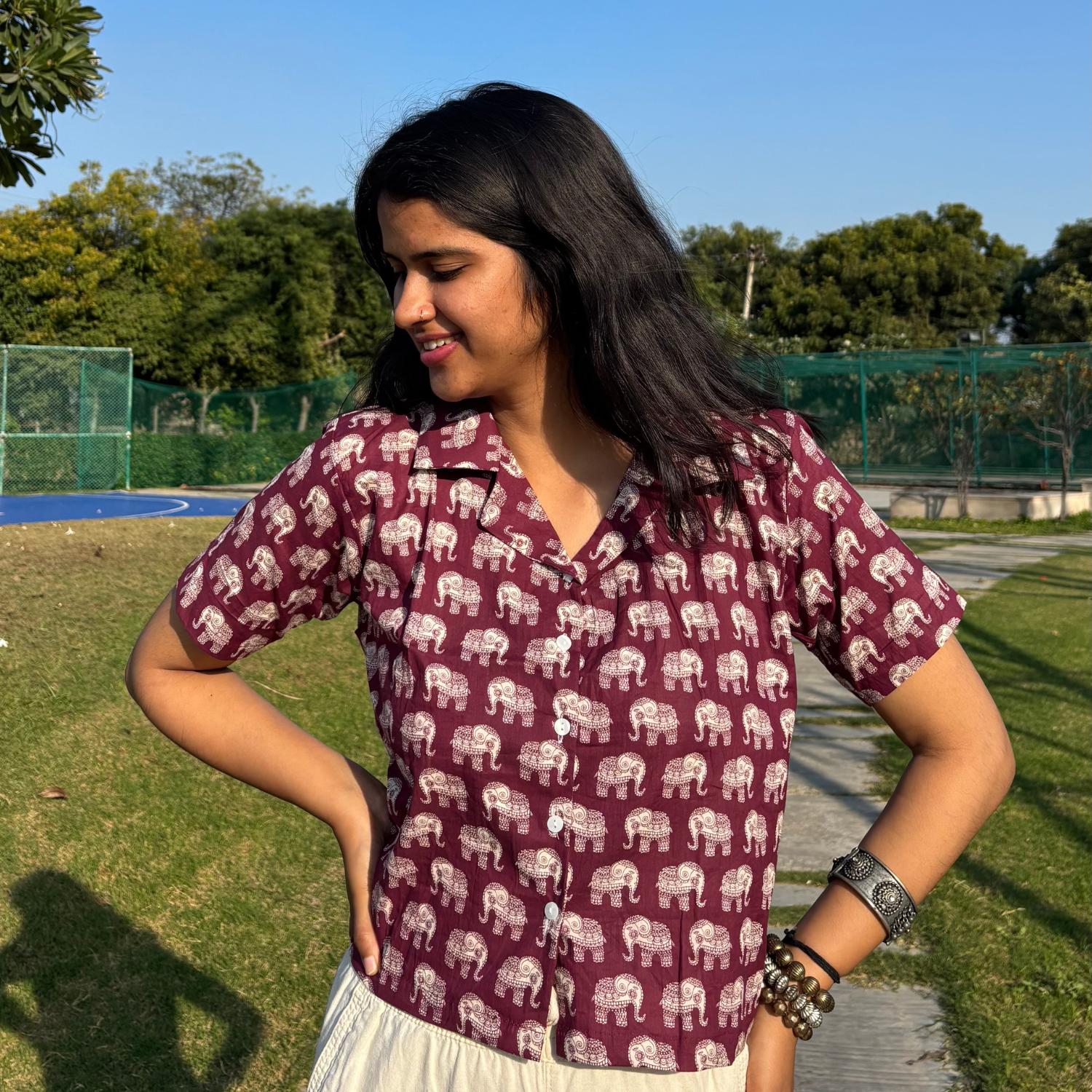 Crop Shirt Pure Cotton Elephant Print Mahroon Color For Women