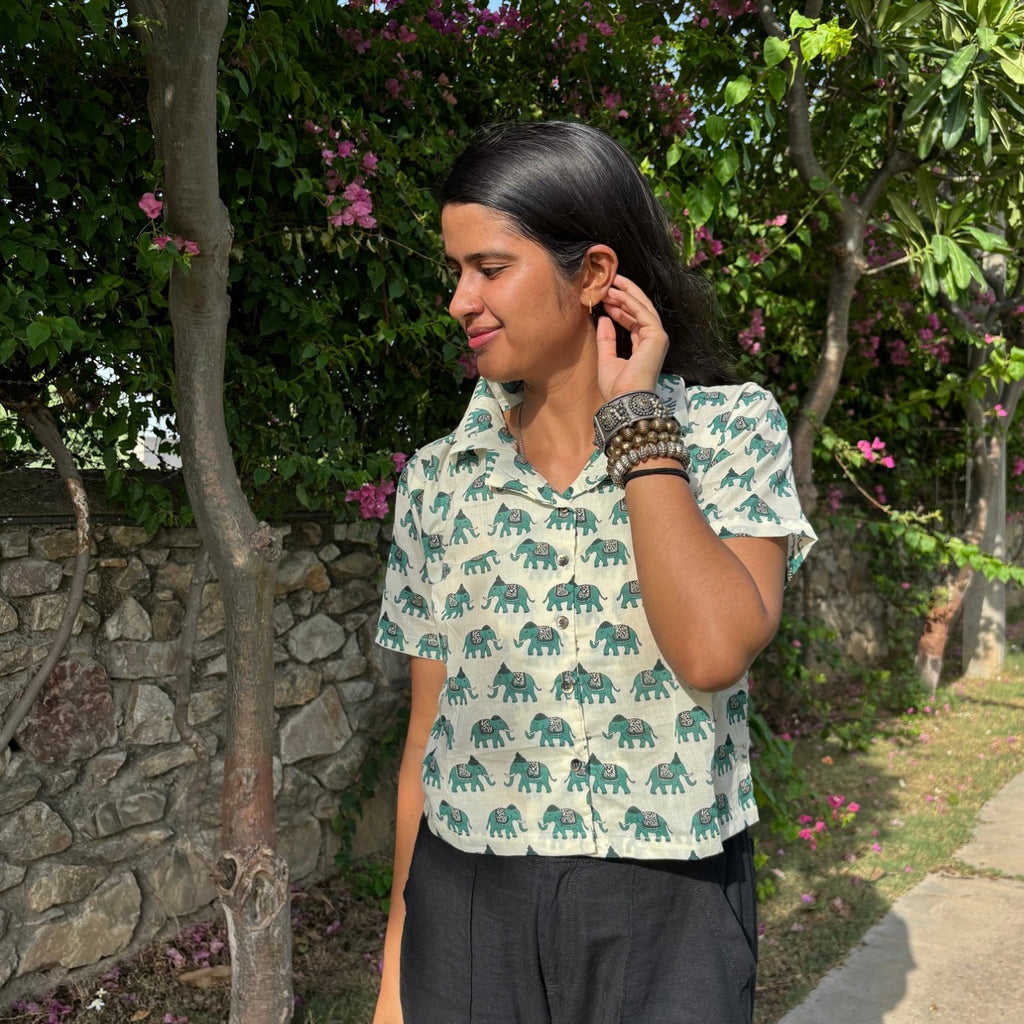 Crop Shirt Pure Cotton Elephant Print Green Color For Women
