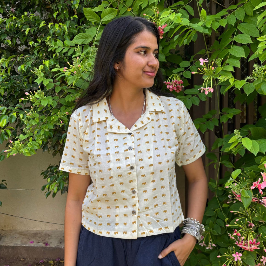 Yellow Cute Elephant Print Crop Shirt Pure Cotton For Women