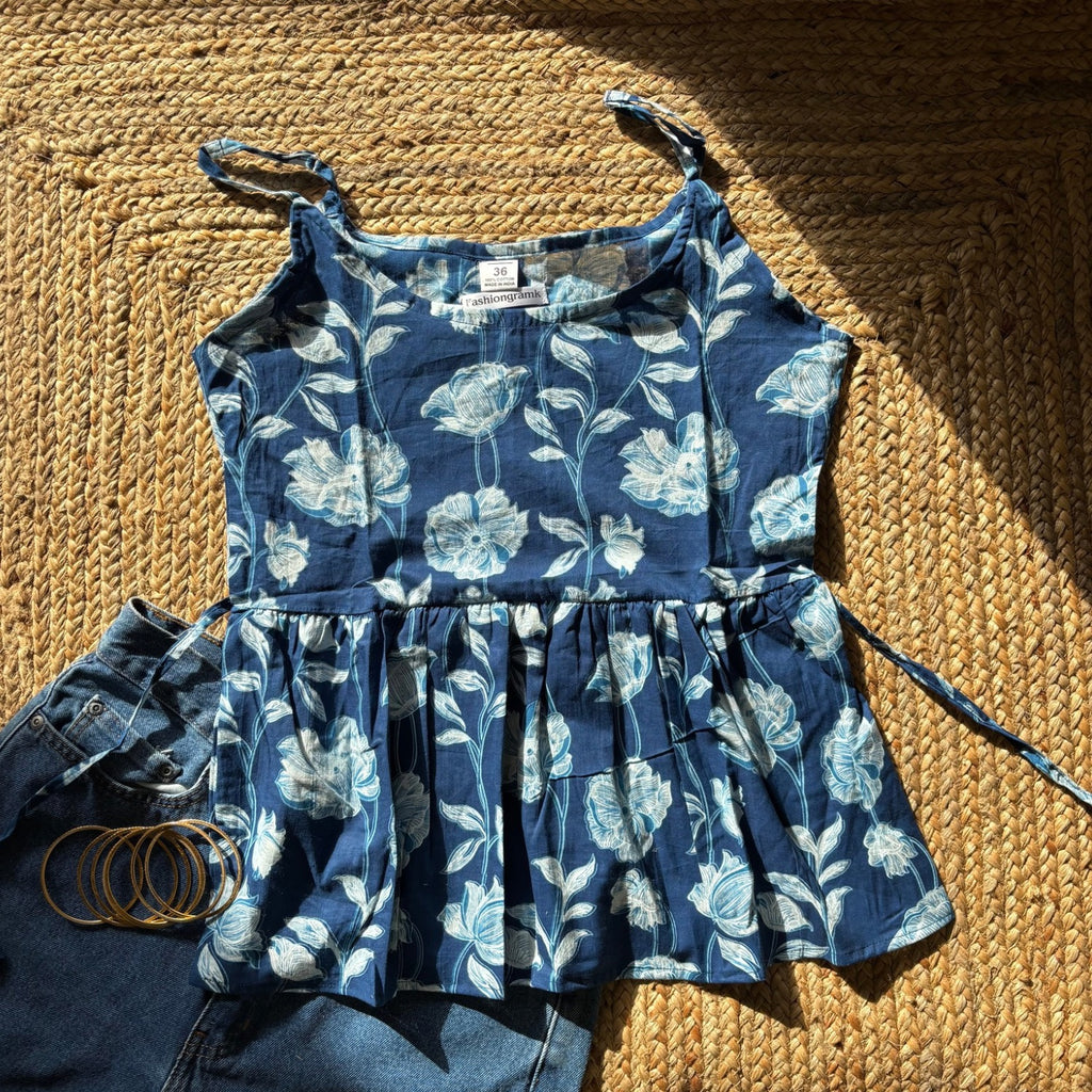 Blue Color Pure Cotton Floral Printed Peplum Step Top For Women