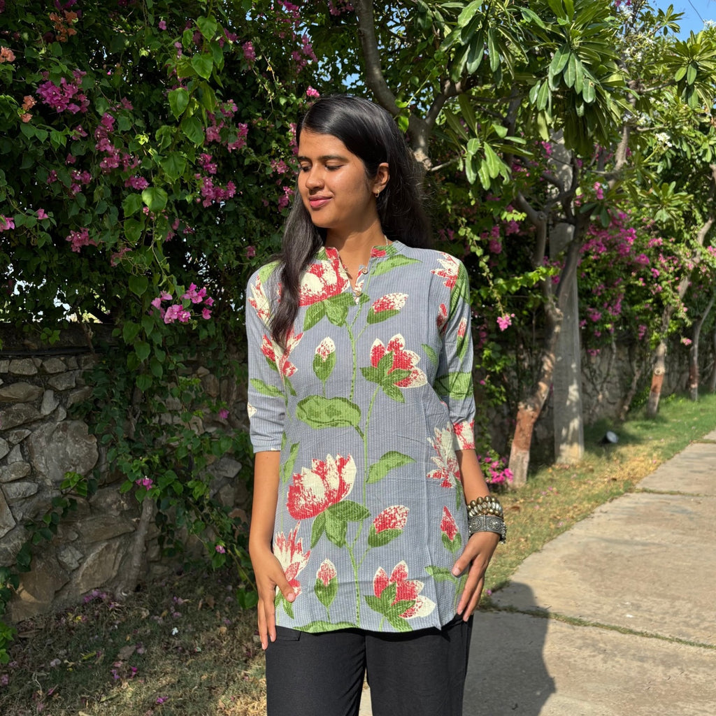 Grey Color Pure Cotton 3/4th Sleeves Kantha Work Floral Print Short Kurti For Women