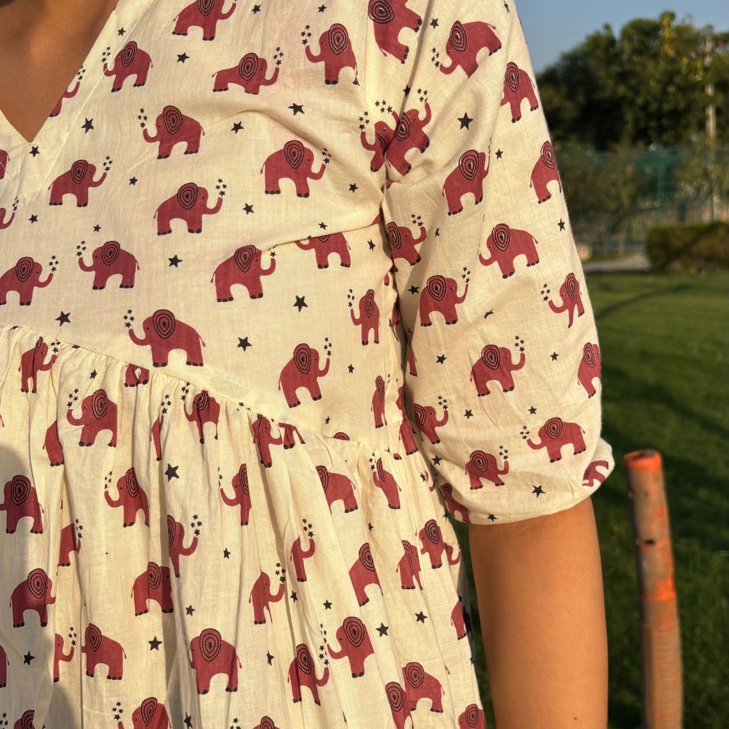 Pure Cotton Alia Cut Red Elephant Print Short Kurti For Women