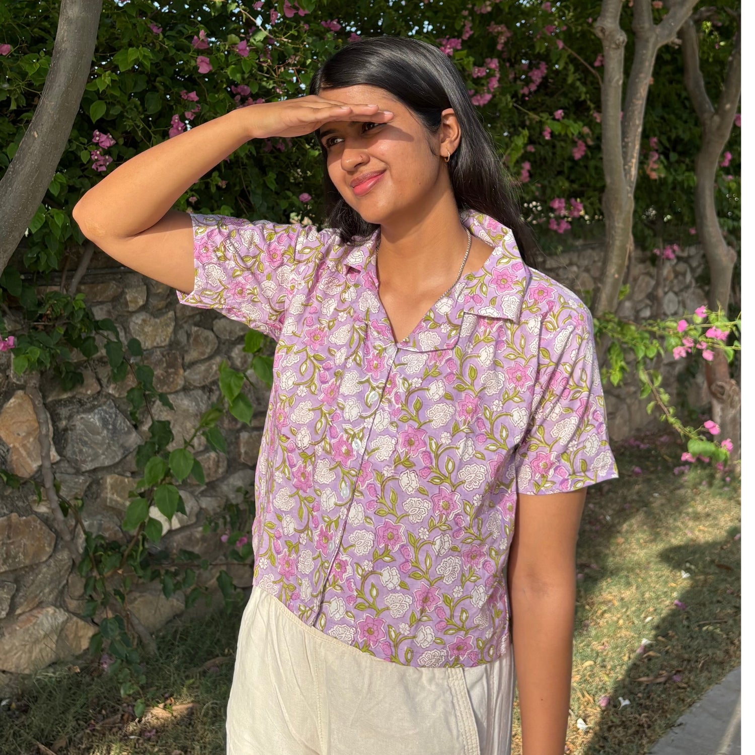 Block Print Pure Cotton Crop Shirt Light Purple Color For Women