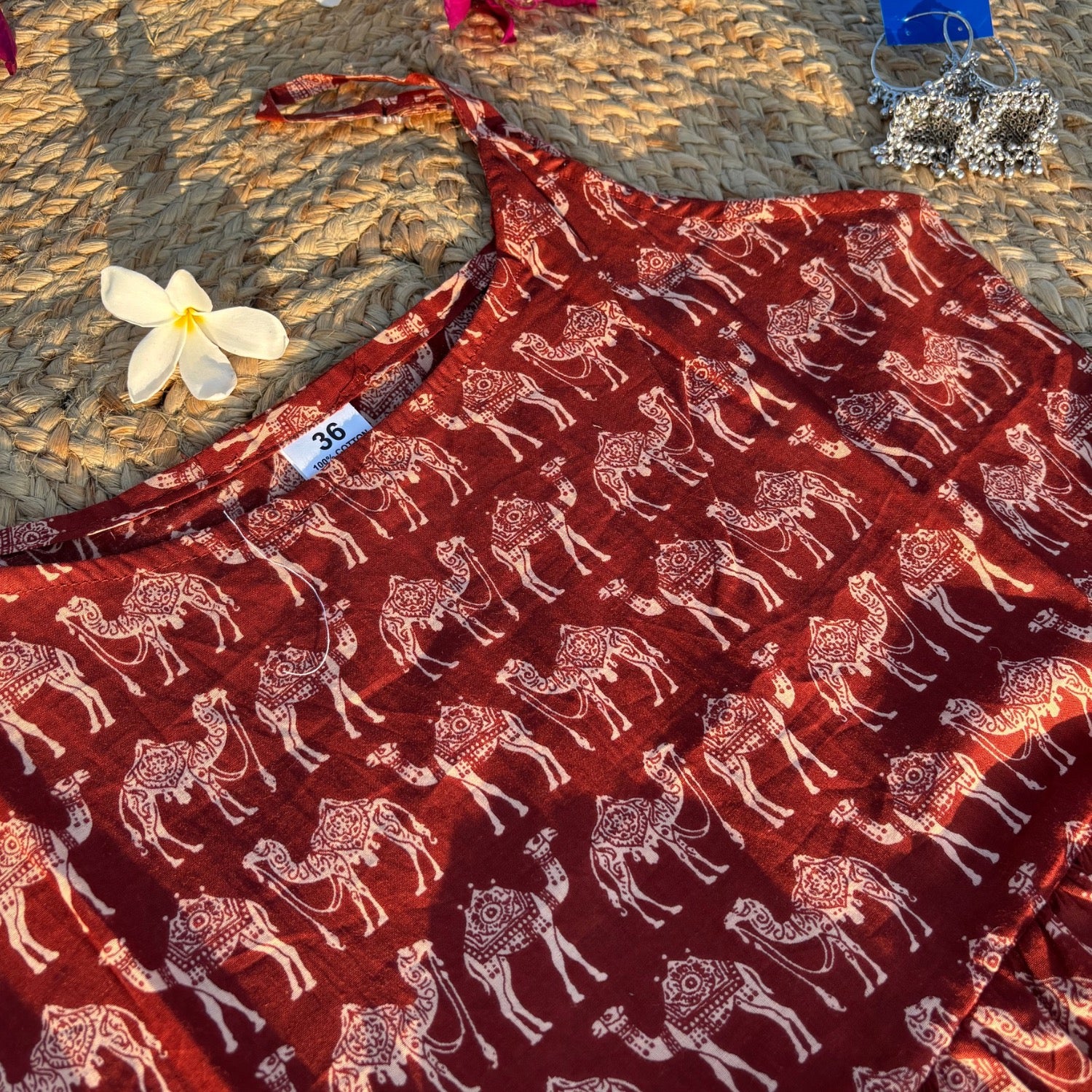 Camel Print Sleeveless Pure Cotton Rust Color Peplum Step Top For Women