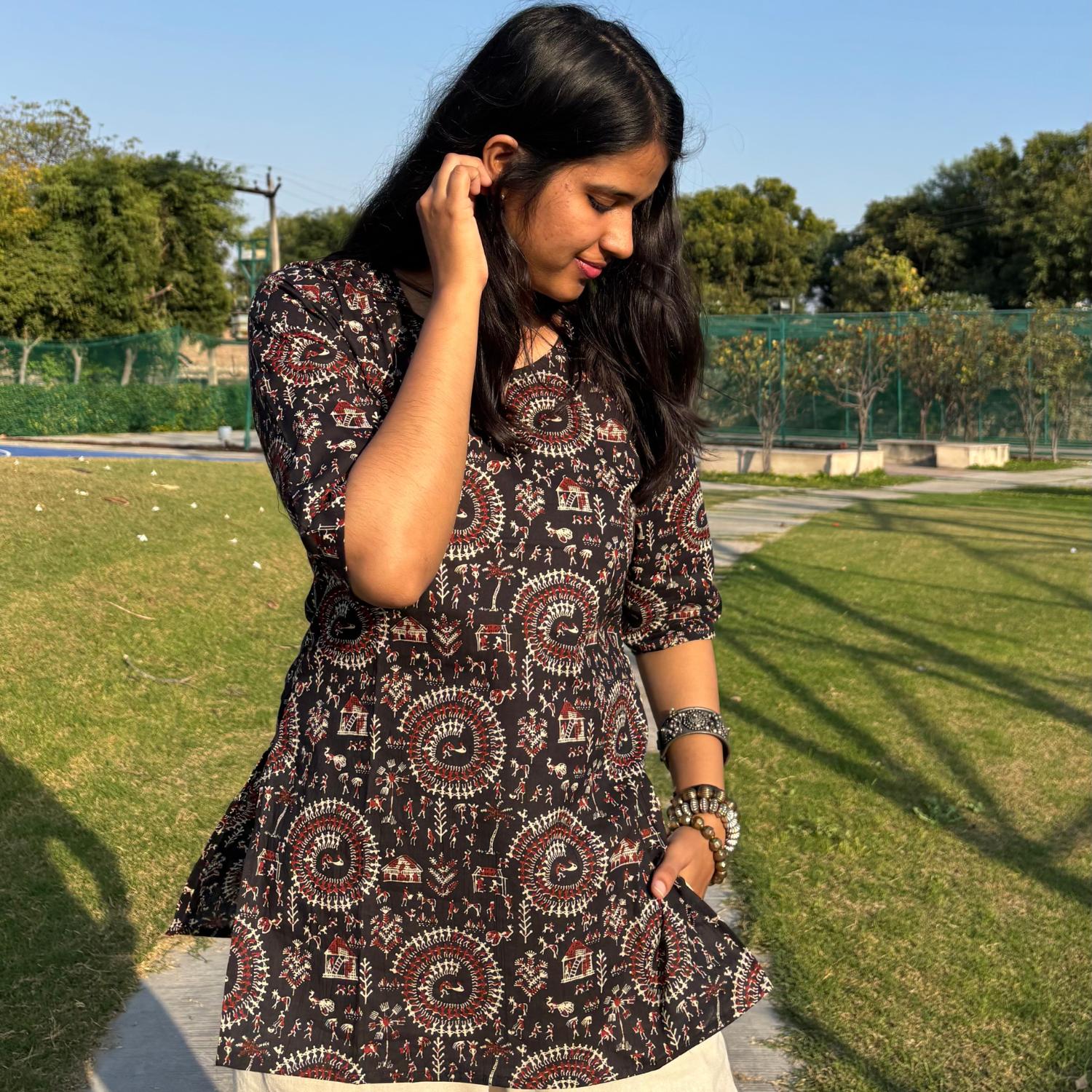 Black Pure Cotton 3/4th Sleeves Printed Short Kurti For Women