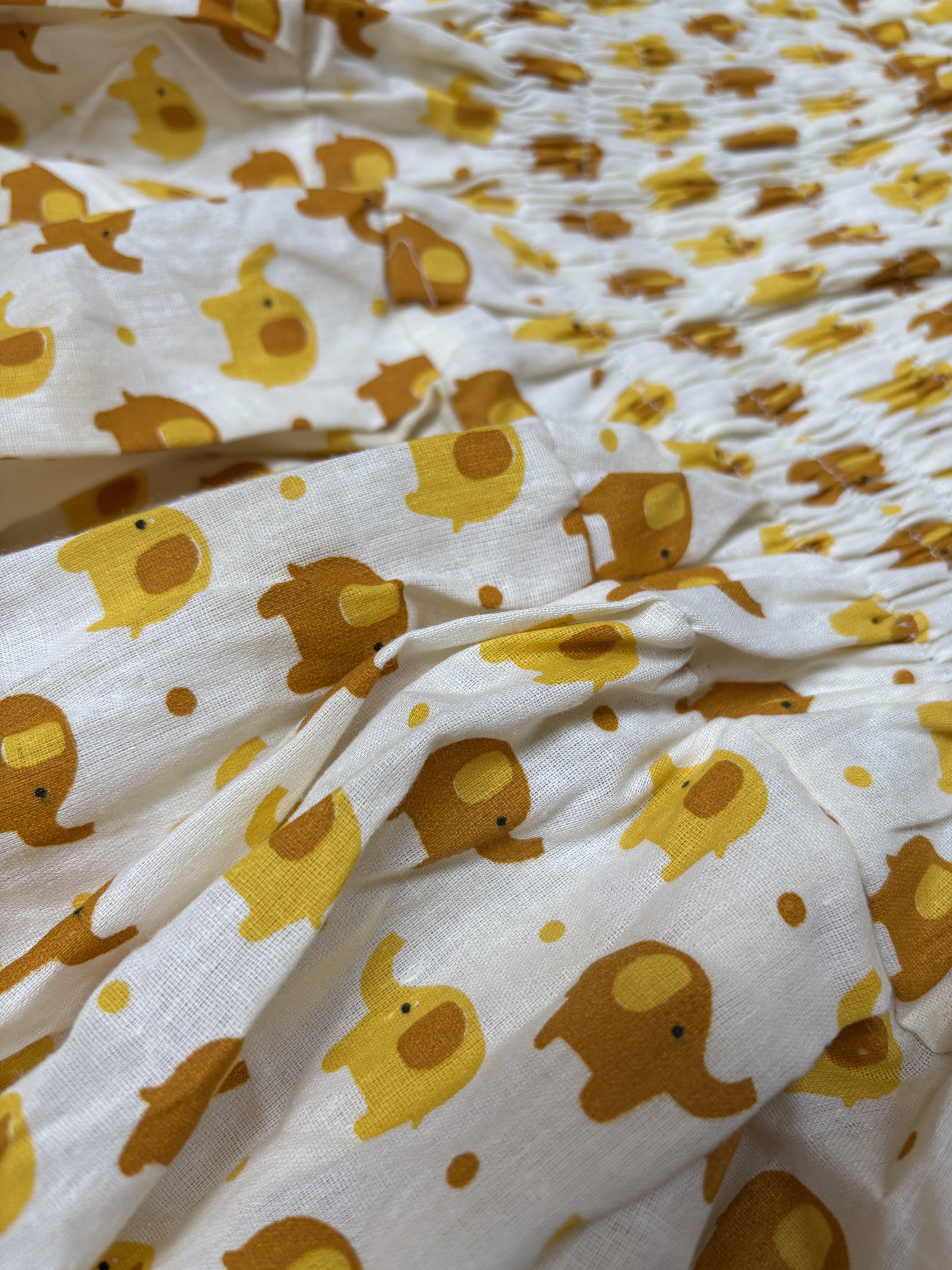 Women's Cotton Elephant Print Smocked Tank Top, Yellow, Casual Summer Wear