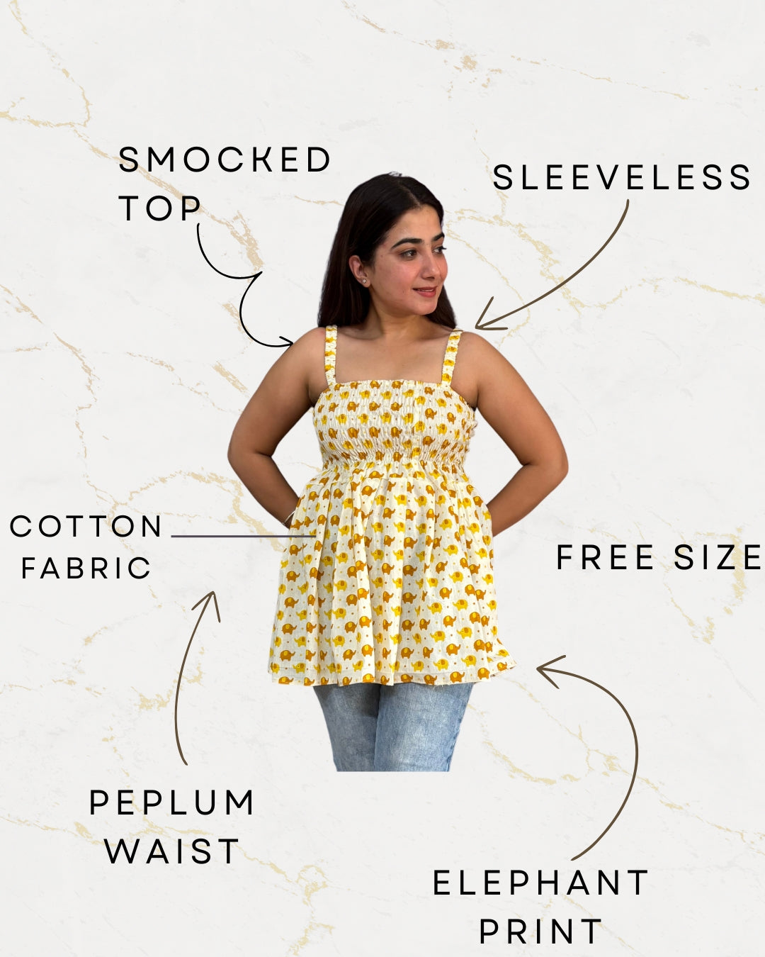 Women's Cotton Elephant Print Smocked Tank Top, Yellow, Casual Summer Wear